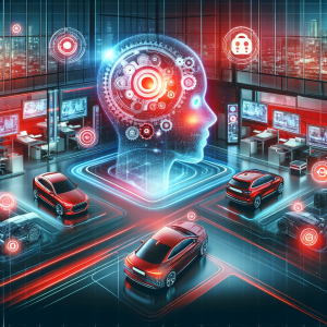Intégration de l'IA dans l'industrie automobile, montrant des voitures connectées et une interface futuriste.