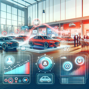 Showroom automobile futuriste avec une voiture rouge en vedette sur une plateforme surélevée.