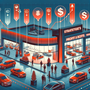 Illustration d'un concessionnaire automobile animé, mettant en évidence des stratégies de profit et de croissance.
