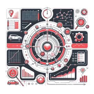 Illustration vectorielle complexe représentant un tableau de bord avec de multiples graphiques, icônes et indicateurs.