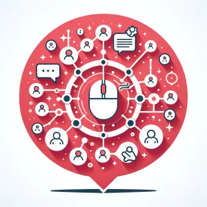 Illustration vectorielle représentant une souris d'ordinateur au centre, entourée de multiples icônes symbolisant des interactions sociales, des messages et des connexions en réseau.