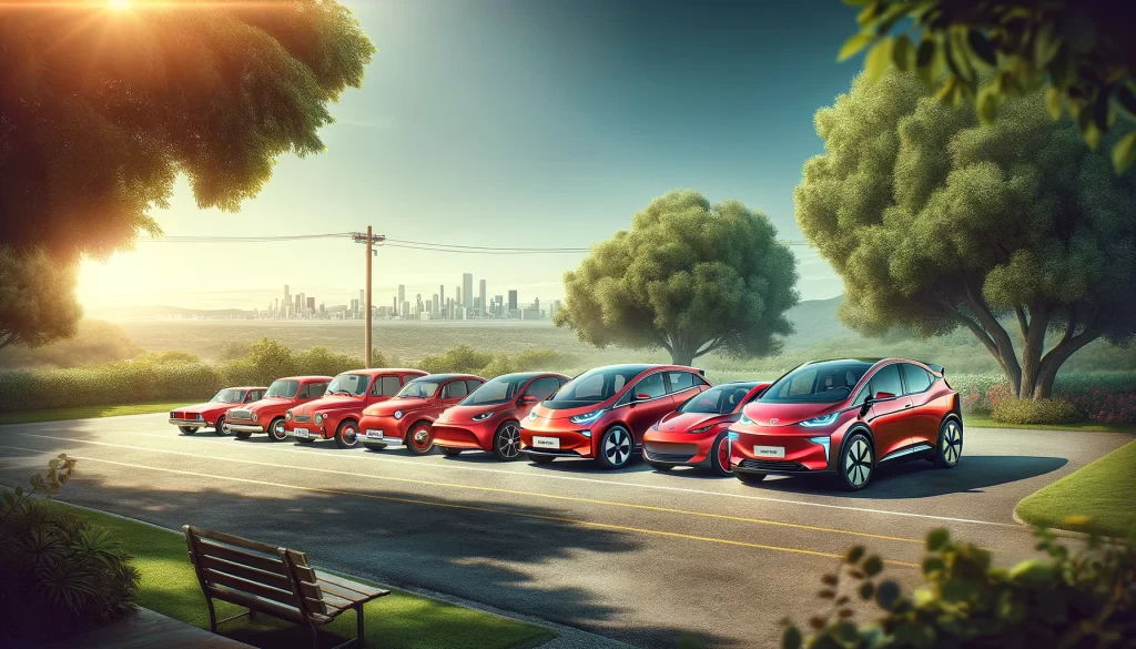 Une rangée de voitures rouges garées dans un parking, avec une ville moderne en arrière-plan, entourée de paysages verdoyants et éclairée par le soleil couchant.