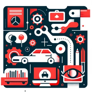 Illustration vectorielle de style minimaliste représentant divers éléments liés à l'automobile et à la technologie.