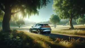 Une voiture électrique argentée roulant sur un chemin de campagne entouré d'arbres et de champs verdoyants, avec des éoliennes visibles à l'horizon. Le soleil éclaire doucement la scène, créant une ambiance paisible et naturelle.