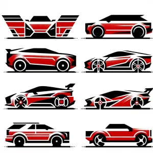 Illustrations de voitures de sport stylisées en rouge et noir, chacune présentant des conceptions modernes et futuristes, vues de profil.