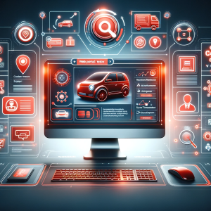 Interface futuriste d'un portail web automobile, présentant une voiture compacte rouge sur un écran d'ordinateur.