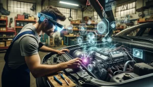 Un mécanicien portant des lunettes de réalité augmentée, travaillant sur le moteur d'une voiture. Des hologrammes et des graphiques techniques flottent autour du moteur, illustrant les données et les diagnostics en temps réel.