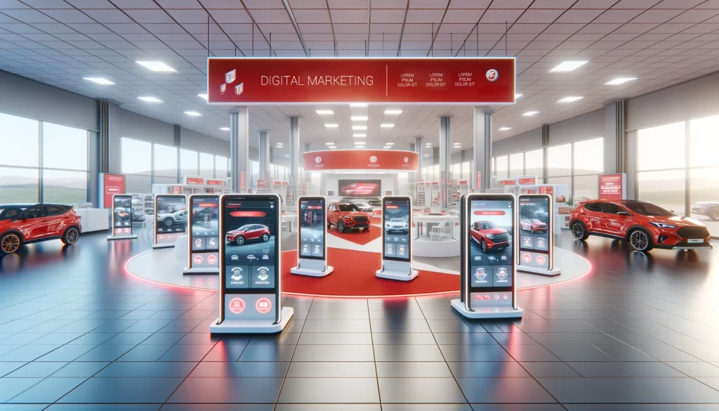 Un showroom moderne de marketing digital pour concessionnaire automobile avec des bornes interactives et des voitures exposées.