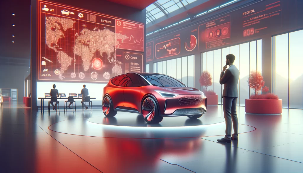 Une salle de conférence high-tech avec une voiture rouge futuriste exposée au centre. Des écrans géants affichent des cartes et des graphiques mondiaux en arrière-plan, tandis que des personnes travaillent sur des ordinateurs à des bureaux et un homme observe la voiture en réfléchissant.