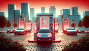 Des voitures électriques se rechargeant à une station de recharge futuriste, éclairée par des lumières rouges, avec des gratte-ciels modernes en arrière-plan. Des icônes de batterie sont visibles sur les bornes de recharge, symbolisant la technologie de recharge rapide.