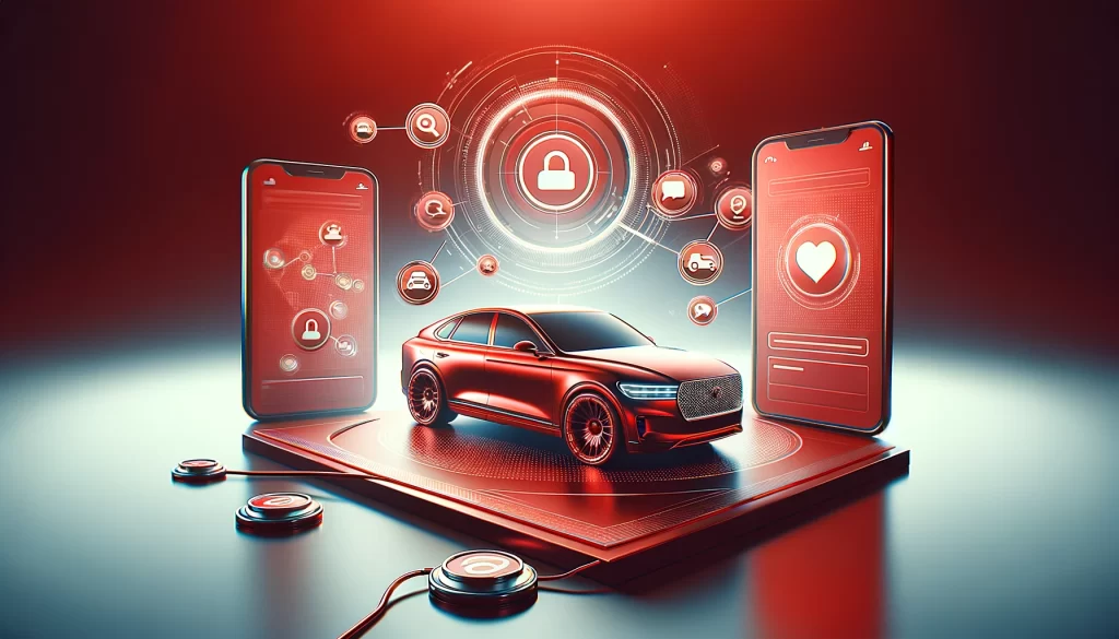 Une voiture rouge futuriste entourée de deux smartphones affichant des icônes de sécurité et de connectivité, avec des symboles holographiques de diverses fonctionnalités technologiques. L'arrière-plan est illuminé par des lumières rouges, mettant en avant le thème de la connectivité et de la sécurité automobile.