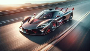 Une voiture de sport futuriste roulant à grande vitesse sur une autoroute, capturée en plein mouvement avec un arrière-plan de montagnes au lever du soleil, mettant en avant son design aérodynamique.