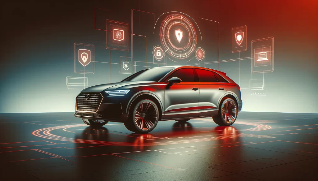 Une voiture de type SUV futuriste présentée dans un environnement technologique avec des icônes holographiques de sécurité et de connectivité en arrière-plan, éclairées par des lumières rouges et bleues.