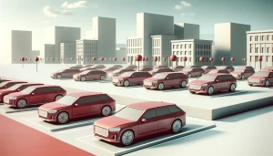 Un grand parking rempli de voitures rouges, situé au centre d'une ville moderne avec des bâtiments géométriques en arrière-plan. Des arbres ronds rouges sont disposés entre les rangées de voitures.