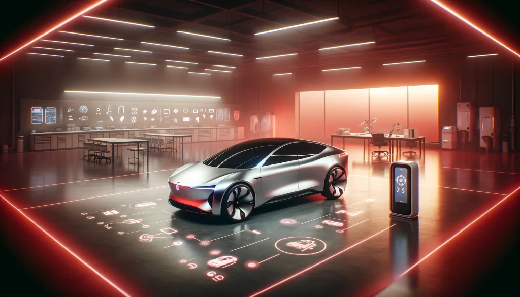 Une voiture autonome argentée dans un atelier moderne, entourée d'icônes holographiques et d'outils technologiques. Des bureaux et des postes de travail sont visibles à l'arrière-plan, illustrant un environnement de recherche et développement.