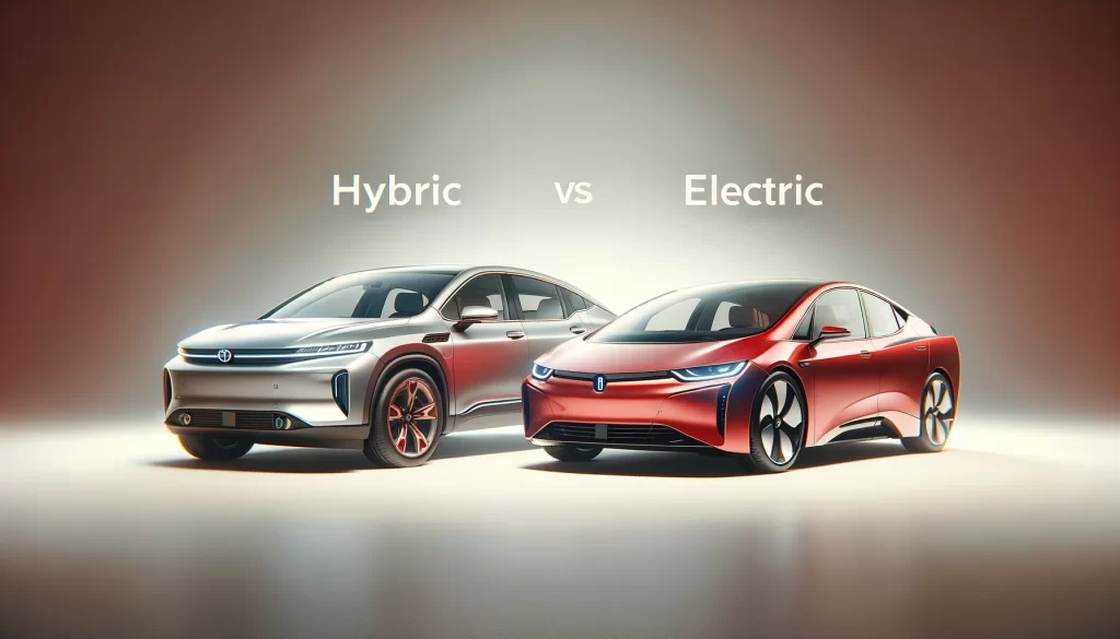 Deux voitures modernes côte à côte avec le texte "Hybric vs Electric" au-dessus d'elles, montrant une comparaison entre un véhicule hybride et un véhicule électrique.