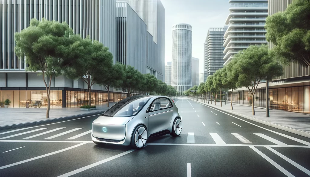 Une voiture autonome futuriste sur une route urbaine bordée d'arbres, avec des bâtiments modernes en arrière-plan.