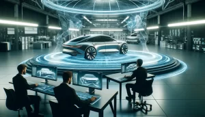 Des ingénieurs travaillant sur des ordinateurs dans un atelier high-tech, avec une voiture futuriste projetée en 3D au centre de la pièce. Des hologrammes et des graphiques techniques sont visibles autour de la voiture.