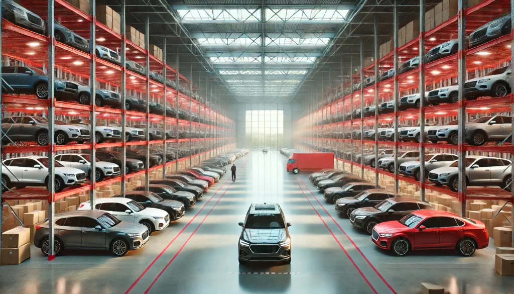 Un entrepôt spacieux rempli de voitures garées sur plusieurs niveaux de rayonnages, avec des cartons de stockage en dessous. Une personne marche au milieu de l'entrepôt, et un camion rouge est stationné à droite.