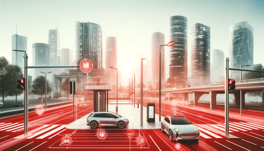 Une scène urbaine futuriste avec des voitures autonomes sur une route moderne entourée de gratte-ciels. Des icônes technologiques rouges sont superposées sur l'image, indiquant des fonctionnalités avancées de la ville intelligente.