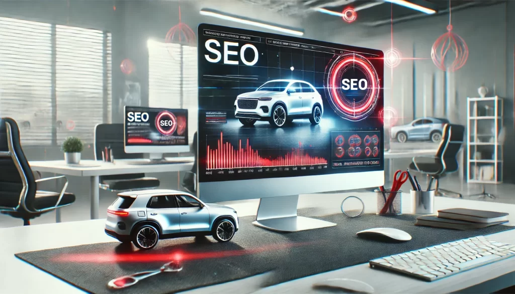 Un bureau avec un ordinateur affichant des graphiques SEO et une image d'une voiture, entouré de fournitures de bureau et d'une petite maquette de voiture. Le texte "SEO" est affiché à l'écran.