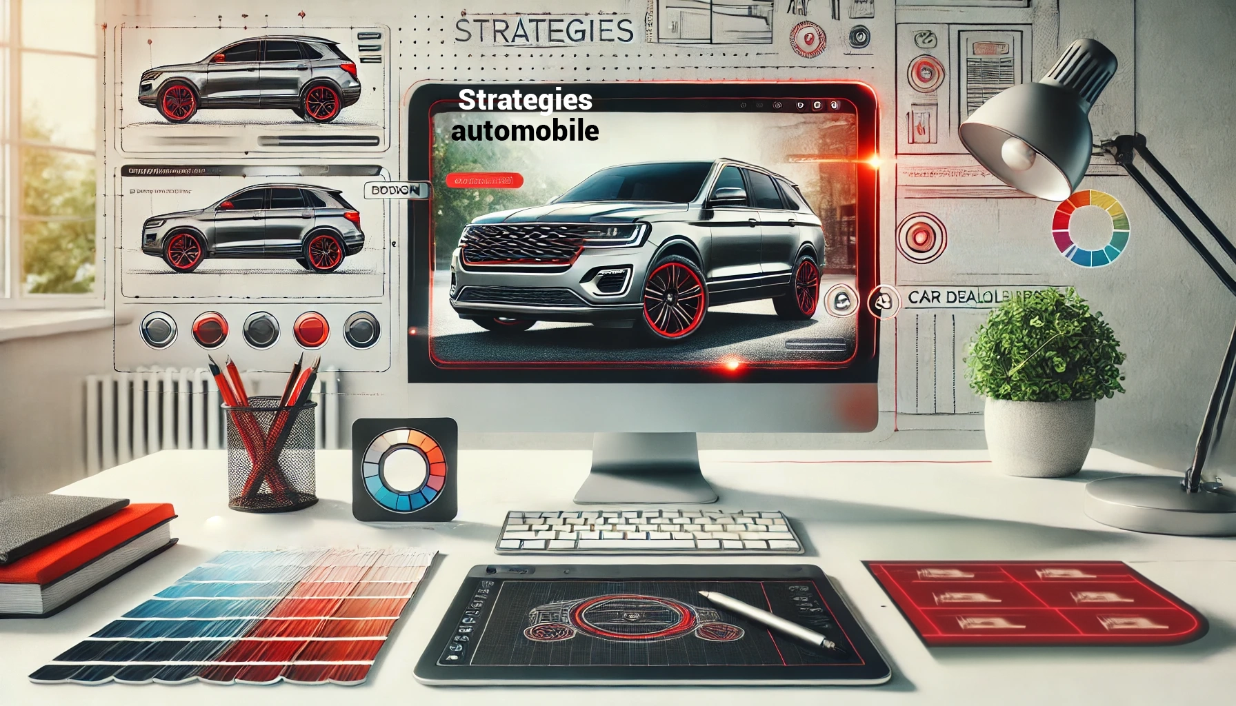 Un poste de travail informatique avec un design numérique d'une voiture à l'écran, entouré d'outils de conception et d'échantillons de couleurs. Le texte "Strategies automobile" est affiché à l'écran.